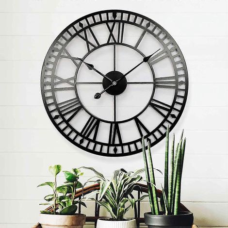 Wetterfeste Gartenuhr, Retro-römische Ziffern, Vintage-Stil, schlicht, Eisen, Outdoor-Uhr, batteriebetrieben, geräuschlos, 40 cm (1/5)