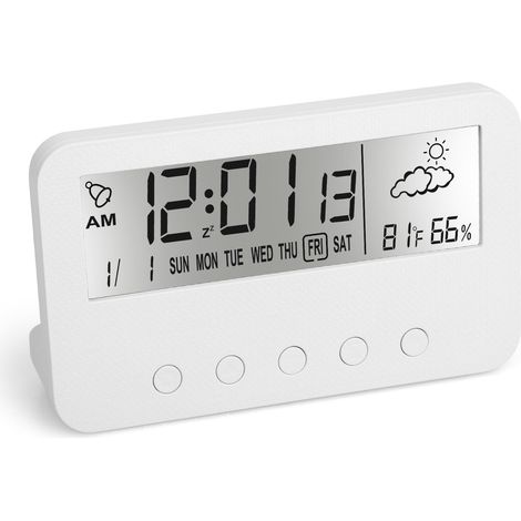 Réveil de voyage numérique LCD rétroéclairé avec affichage de l'heure, calendrier et minuteur de température, fonction snooze, lumineux, à piles, pour la chambre ou le bureau. (1/5)