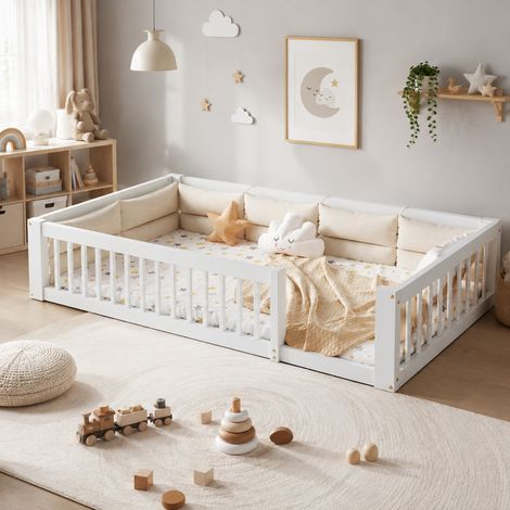 Lit plateforme 90x200 blanc avec barrières latérales et coussins, pin et MDF, OKWISH (1/5)