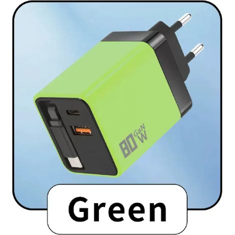 Chargeur rapide portable GaN 80 W/, câble rétractable USB + Type-C, port de sortie Type-C, prise pliable, durable et anti-enchevêtrement, compatible (1/5)