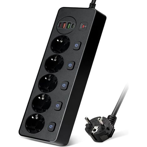 Ciabatta 5 Presa e 2 Porte USB, 2 di tipo c,striscia di potere di USB di Ricarica Rapida PD20W,Estensione Striscia di potere, 2M,Protezione Contro il Sovraccarico di Corrente (1/5)