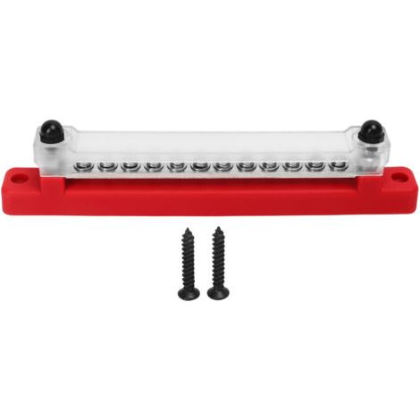 Bloque de distribución de energía con barra colectora de 12 terminales, 48 V, 150 A, con tapa, espárragos M6, tornillos M4 para coche, autocaravana, barco, color rojo. (1/4)