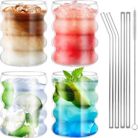 Lot de 4 Verres à eau, 350ml, Design ondulé, Verre borosilicate, Avec pailles et brosse, Pour cocktail et jus