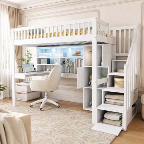 Letto soppalcato 90 x 200 cm con scrivania, mensole, LED e scala contenitore bianco DESVIAE (1/5)