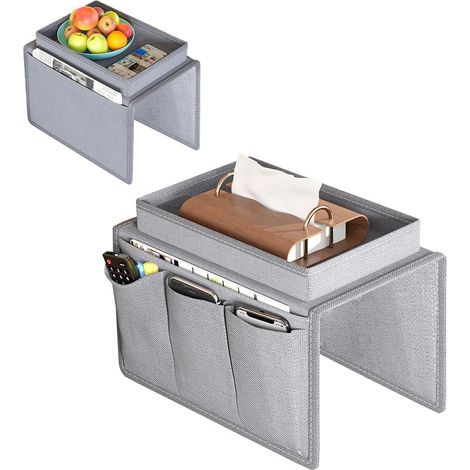 Plateau pour Accoudoir de Canapé- Organisateur de Canapé Gris avec Porte-Téléphone et Support pour Tasse, Plateau Rangement pour Télécommande, Livres, Tablette (1/5)