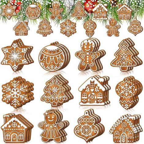 Albero di Natale di pan di zenzero da 36 pezzi, mini fiocchi di neve, decorazione natalizia invernale in legno da appendere con corda, per feste di Natale, lavoretti invernali (1/5)