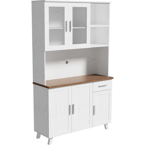ELVMI Sideboard mit 5 Türen 1 Schublade 2 Offenen Fächern und Glastüren für Wohnzimmer aus Spanplatte 114 x 40 x 190 cm Weiß Braun (1/4)