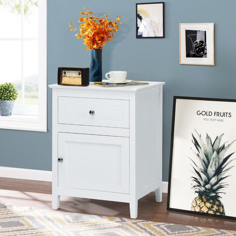 Lot de 2 Tables de Chevet avec Tiroir et Grand Placard 48 x 38 x 63,5 CM (L×l×H) 2 Tables de Nuit avec Pieds en Bois Massif Blanc Maison Chic (1/4)
