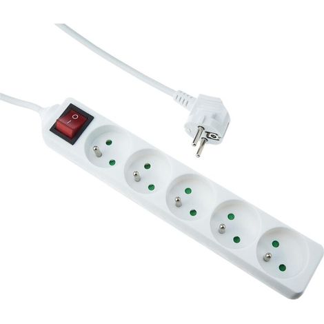Multiprise électrique 5 prises, prise multiple - Bloc multiprise électrique 5 prises + interrupteur, rallonge multiprises électriques - 5P / 16A / 3G1mm² - Blanc - Protection enfant