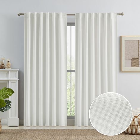 Lot de 2 Rideaux occultants plissés en Faux Lin Naturel pour Chambre à Coucher Écru crème Ivoire Bouleau Blanc 213 cm de Long Languette arrière avec Crochet 127 x 213 cm (1/5)