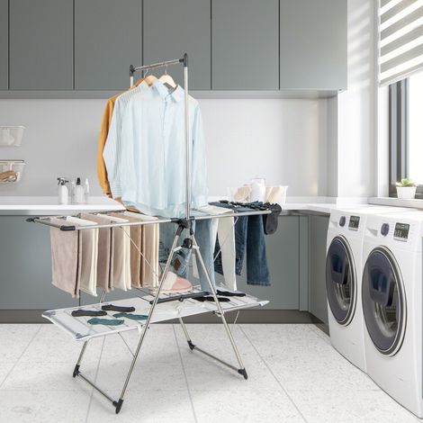 Séchoir à Linge Pliable Etendoir à Linge à 2 Niveaux Barre de Suspension Haute Hauteur Réglable Pinces a Chaussettes (1/2)
