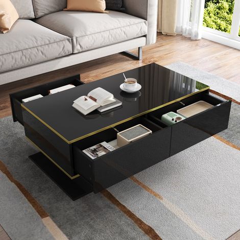 DESMIU Table basse rectangulaire avec 3 tiroirs, niche ouverte et LED, pour salon, noir et or, 100 × 50 × 40 cm (1/5)