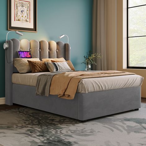 Cama Individual 90x200 cm con Cabecero Almacenamiento Luz Lectura Carga Somier Gris Terciopelo (Sin Colchón) (1/5)