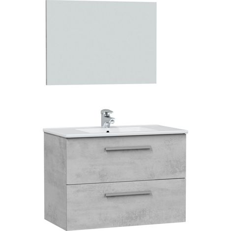 Mueble de baño suspendido Axel 2 cajones, espejo y con lavabo cerámico, Color Cemento (1/5)
