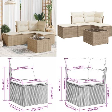 5-tlg. Garten-Sofagarnitur mit Kissen Beige Poly Rattan - Gartensorte - Gartenmöbelset - PE-Rattan Möbel - Outdoor Sofa - Lounge Set - Home & Living (1/5)