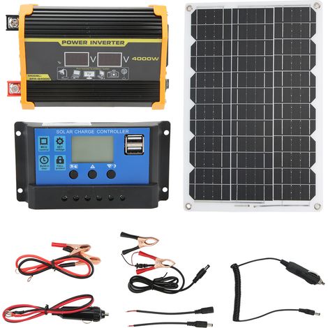 Kit panneau solaire monocristallin 18W 18V + régulateur 30A 12V/24V + onduleur 300W 12V-110V noir, pour camping extérieur (1/5)