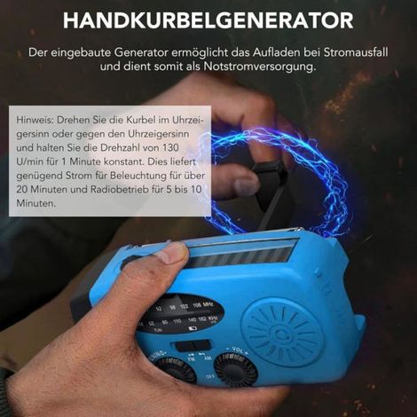 Radio Solaire - Manivelle - IPX3 Étanche - FM AM NOAA - Lampe LED - Chargement USB - Pour Camping et Urgence - 1200 mAh (1/5)