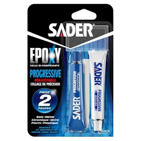 Sader – Colle epoxy bi-composante progressive 2X15 ml – Résistance 130 kg/cm² – Utilisation intérieure/extérieure – Résistante à l'humidité et aux hydrocarbures