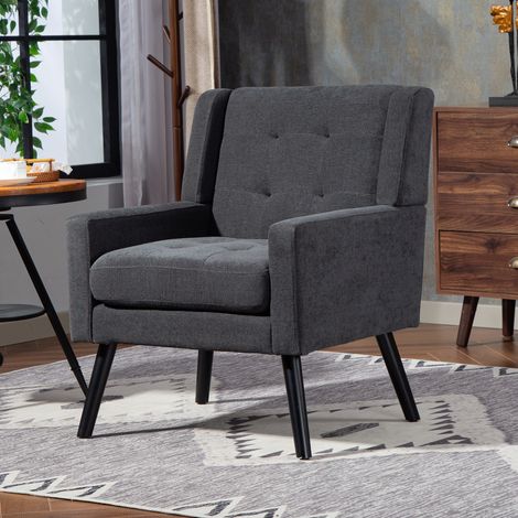 Poltrona imbottita grigio scuro, gambe in legno massello, stile mid-century DESVIAE (1/5)