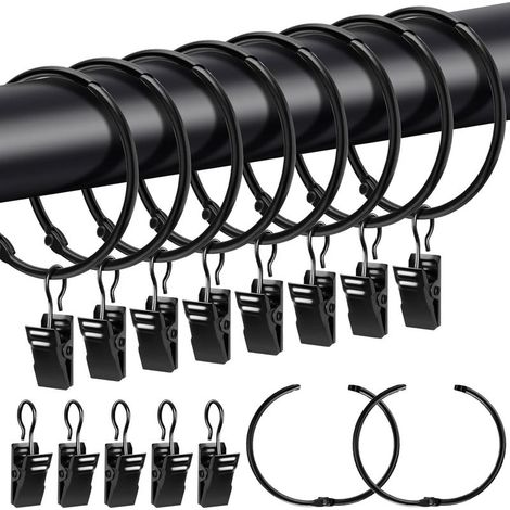 Set mit 20 Gardinenringen, schwarzes Metall, 50 mm Durchmesser, mit Clips, für Gardinenstangen bis 46 mm, Wohn-/Schlafzimmer (1/5)