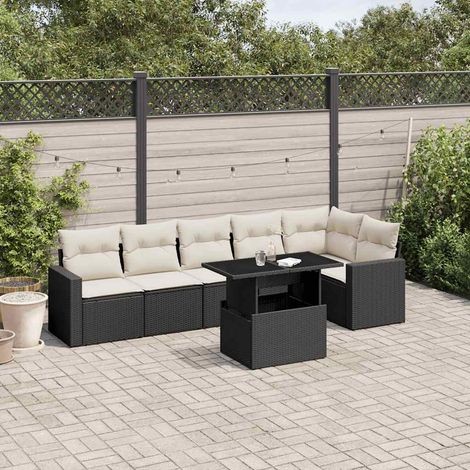 Set de sofás de jardín 7 pzas con cojines ratán sintético negro