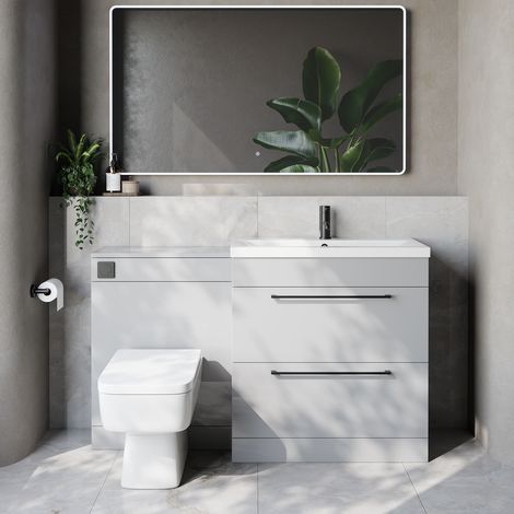 Napoli 390 Cento Gloss Grey Pearl 1400mm 2 Drawer Vanity Unit Toilet Suite with Glide Basin - 1400mm - Matt Black 480mm HandleWith Kingston Toilet Pan and Seat