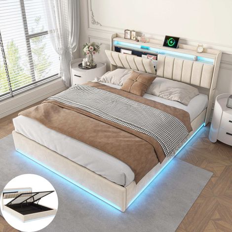Lit Coffre 160 x 200 CM avec Sommier,Lit Double Rangement avec LED et USB,Rangement tête et sous le lit,Velours,Beige