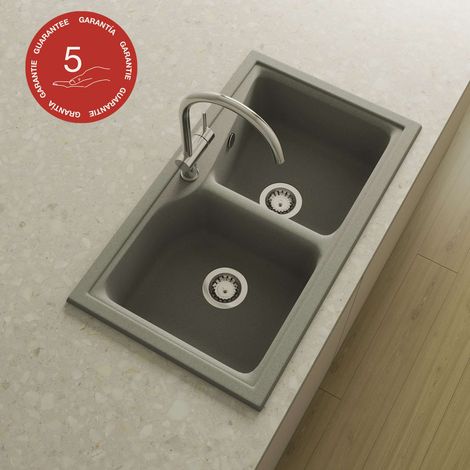 Evier à encastrer POALGI - CITY 322 - Granit - Gris Ash - 86 cm - 2 bacs (1/5)