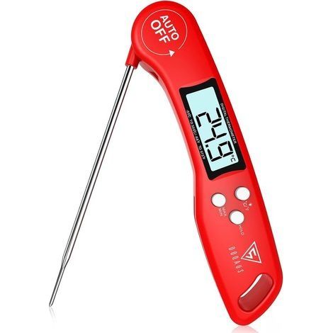 Thermomètre Cuisine, 3s Lecture instantané Thermomètre Cuisson, Thermomètre Viande, avec Écran LCD RétroÉclairage, Sonde Pliable pour Cuisson, Viande, BBQ, Steak, Huile, Lait, Vin (Rouge) (1/5)