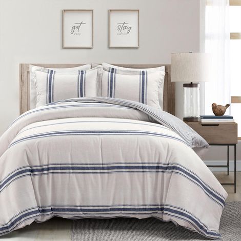 Parure de lit 3 pièces avec Housse de Couette réversible en Coton à Rayures, Bleu Marine, lit Double/Grand lit (1/5)