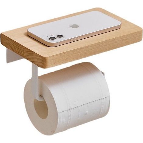 Porte Rouleau Papier Toilette Adhesif sans Percage Derouleur WC Murale avec Étagère en bois 2 en 1 Support Papier Toilette Mural Blanc (1/5)