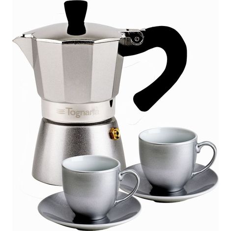 Tognana Favola, caffettiera in alluminio da 2 tazze, con 2 tazzine e 2 piattini in porcellana effetto glitter. In scatola regalo