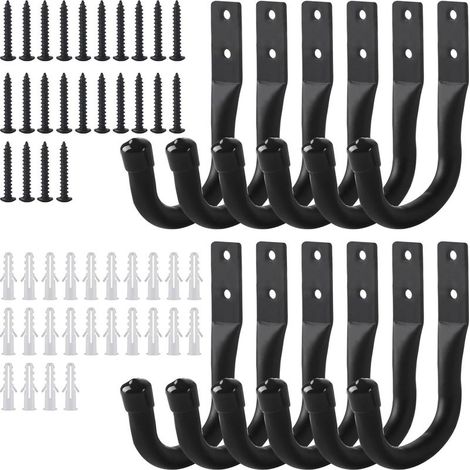 12 Pcs Crochet Mural Garage, Support Velo Mural Noirs, Accroche Velo Murale, Crochets de Rangement pour échelle de Garage, Crochets en J Muraux Robustes pour Vélos Outils électriques (1/5)