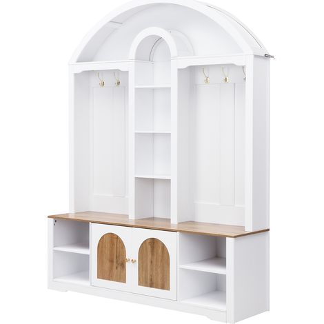 Multifunktionaler Flurkleiderschrank mit Schuhregal, Regalen und Haken aus MDF in Weiß und Holzoptik (1/5)