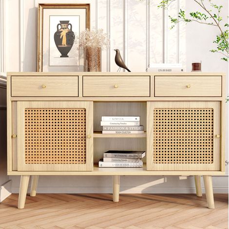 Buffet enfilade 120 x 40 x 78 cm 3 tiroirs 3 portes en MDF coloris chêne HAVRYA (1/5)