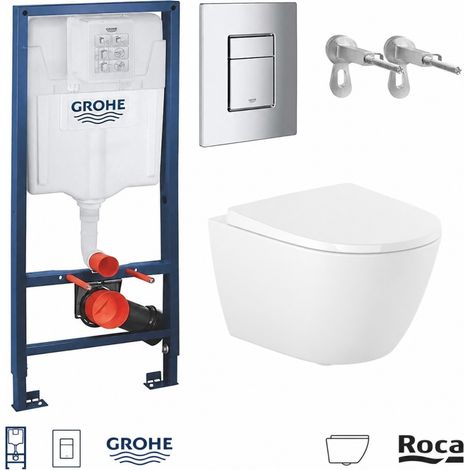 Pack WC Bastidor empotrado GROHE y pulsador cromo con inodoro suspendido ROCA Ona blanco 53 cm Soft-Close (1/4)