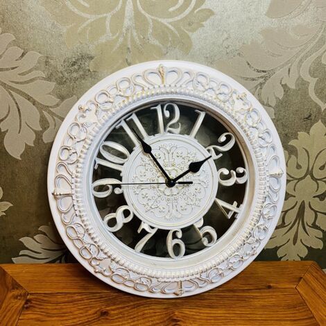 QORVA-Horloge murale légère de luxe rétro de style européen en bois creux 12 pouces horloge créative silencieuse salon simple--（Blanc）