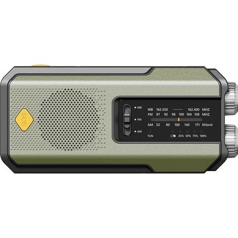 Radio d'urgence multifonctionnelle - Radio d'urgence - Radio d'urgence solaire à remontage manuel - Radio lampe torche d'urgence - 2000 mAh - ABS - vert militaire (1/3)