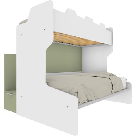 Letto a castello salvaspazio con scala contenitore - 1 Piazza e mezza + singolo - Bianco e Salvia