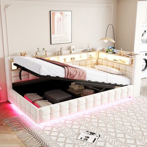 Lit Coffre 90x200 cm - Lit Simple 90x200 - Lit Banquette avec Rangement Étagères LED et Prises USB Type-C - Velours Beige (1/5)