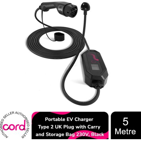 Cord Portable EV Charger Type 2 UK Plug w/ Carry & Storage Bag 230v Black, 5m (1/5)