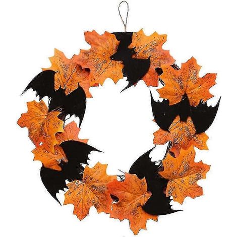 Couronne d'Halloween de 25 cm (10 pouces) en érable artificiel, guirlande de chauves-souris et feuilles d'érable, à suspendre à la porte pour une fête ou Thanksgiving. Décoration pour les récoltes.