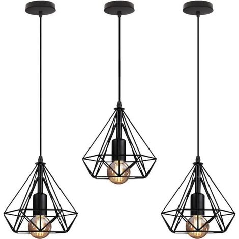 U-Do 3Pcs Lustre Suspension Industriel Lampe Diamant Mini Plafonde en Fer Noir E27 20CM (1/4)