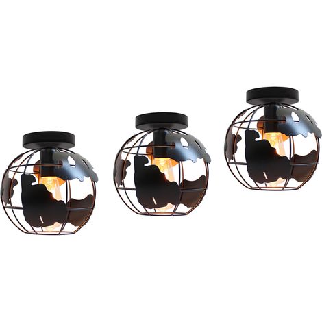 Plafoniera Soffitto, Vintage Lampada da Soffitto con Ø20cm Gabbia Globo, Industriale Stile Illuminazione Rotonda in Metallo con E27 Attacco per Soggiorno Cucina Camera da Letto Loft - Nero 3 Pezzi (1/5)