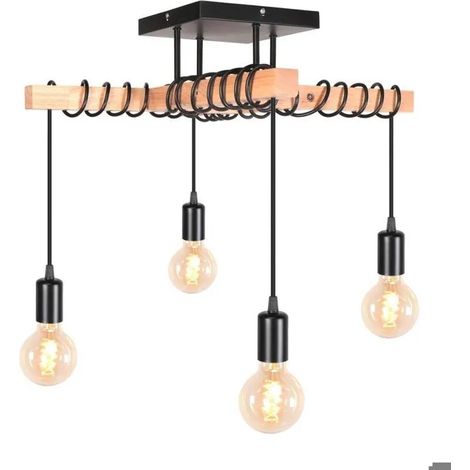 Lustre Industriel, 4 Lampes Suspension Luminaire Vintage en Métal et Bois E27 Éclairage de Plafond Rétro Noir Réglable Retro (1/5)