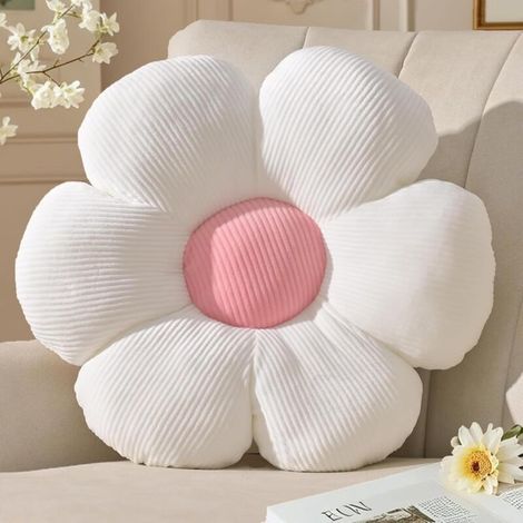 Coussin Sol Fleur - 1 Unité - Peluche Douce - Forme Marguerite 3D - Déco Chambre Enfant - Blanc Rose 39 cm (1/4)