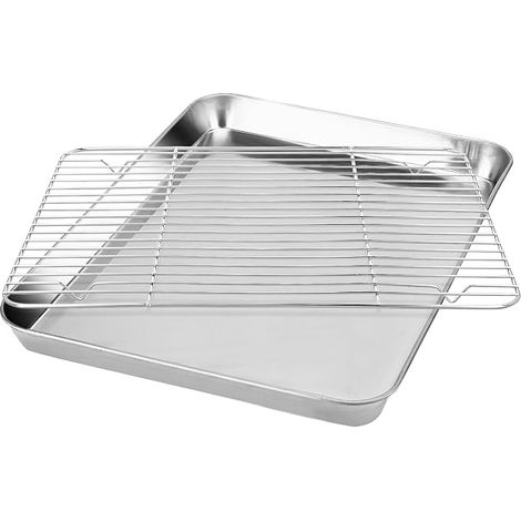 plaques de cuisson de 40 x 30 cm avec grille de refroidissement, plaque de cuisson en acier inoxydable avec grille de refroidissement pour rôtir, servir au four, passe au (1/4)