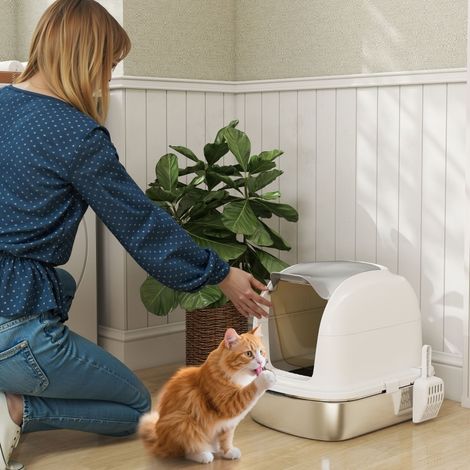 Geschlossene Katzentoilette 52,4 x 41,3 x 42 cm aus weißem Edelstahl für kleine Katzen – MEUBLIV (1/5)