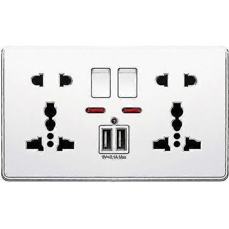 Prise murale multifonction 13 A avec bouton-poussoir, 2 ports de charge USB 2,1 A, trois ou deux trous, finition dorée. (1/5)