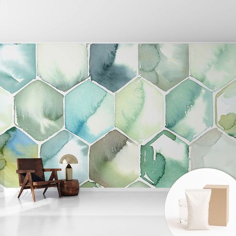 Papier peint intissé pour salon chambre à coucher peint imprimé Installation facile - Colle incluse gratuite Hexagones pastel 416x254 cm (1/5)